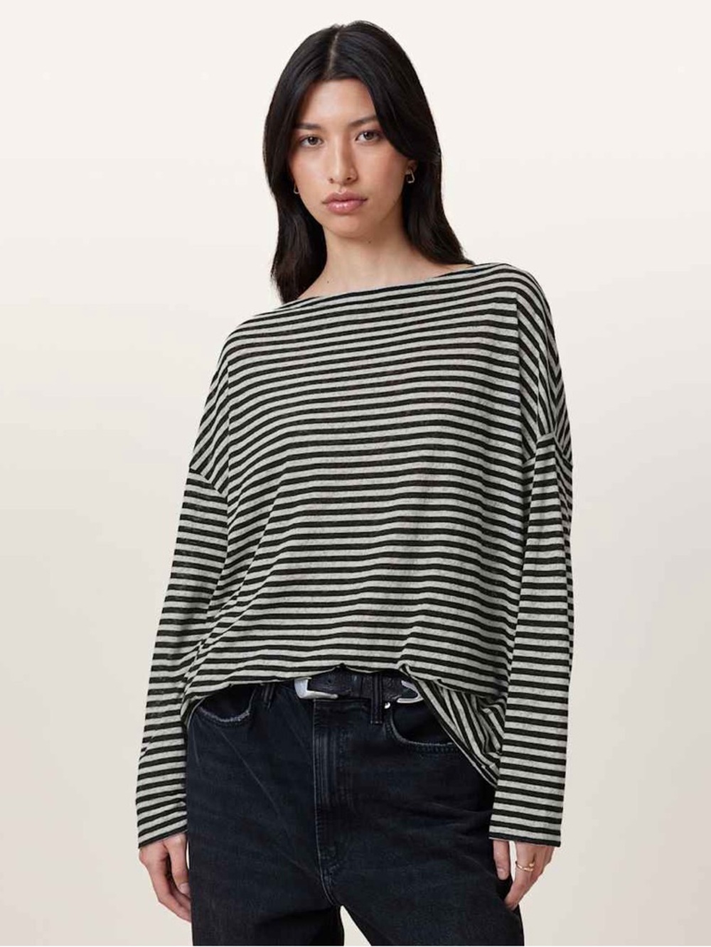 AllSaints Rita Top Medium Oversized Black Striped Boat Neck Slub Minimal Ws